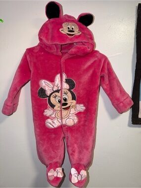 Minnie Mouse Pink Plush One-Piece Romper with Hood